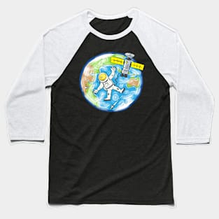 Astronaut and satellite over earth cartoon illustration Baseball T-Shirt